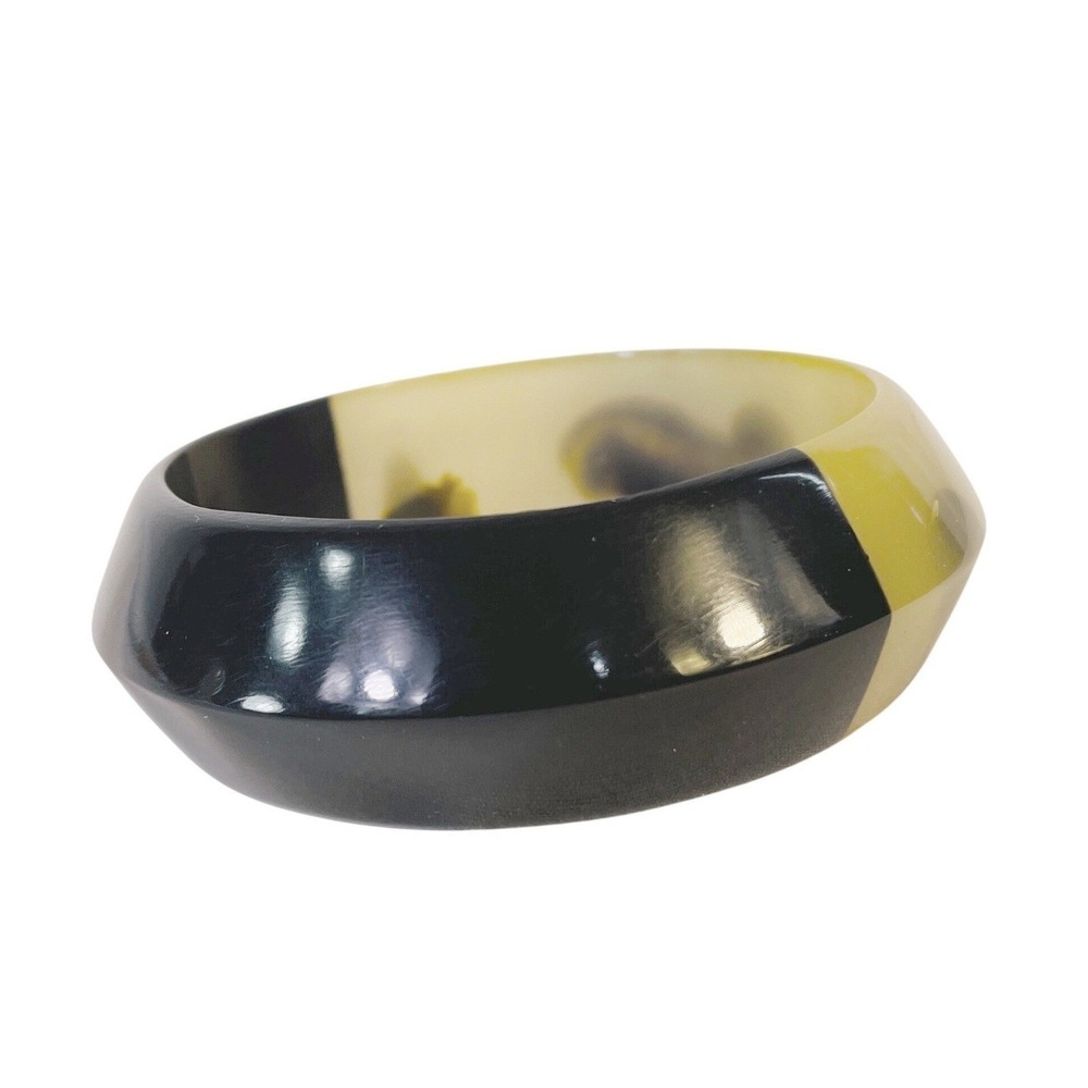 Vintage Chunky Mod Lucite Bangle Bracelet Black Amber Marbled Acrylic Statement - Picture 11 of 14